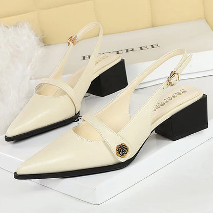 BIGTREE Shoes Retro Women's Sandals Pointed Tip Chunky Heel Women Shoes Buckle Middle Heel Sandals Summer Ladies Shoes 2026 New