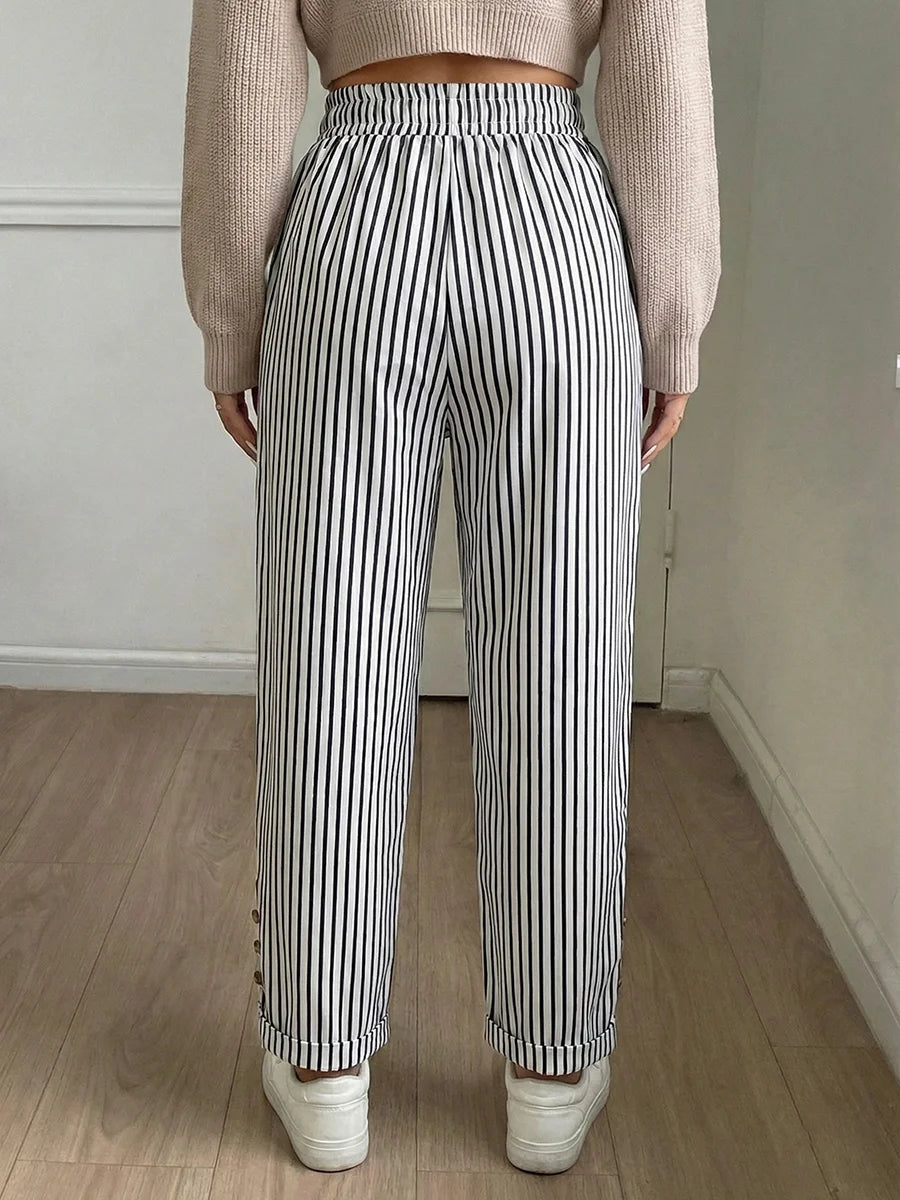 Women Plus Size High Waist Striped Pants Drawstring Casual Wide Leg Trousers Autumn Fashion Female Chill Streetwear Black White