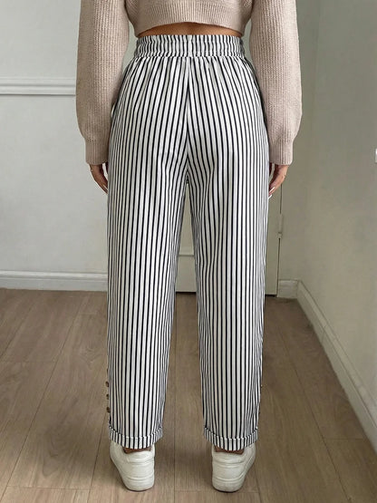 Women Plus Size High Waist Striped Pants Drawstring Casual Wide Leg Trousers Autumn Fashion Female Chill Streetwear Black White