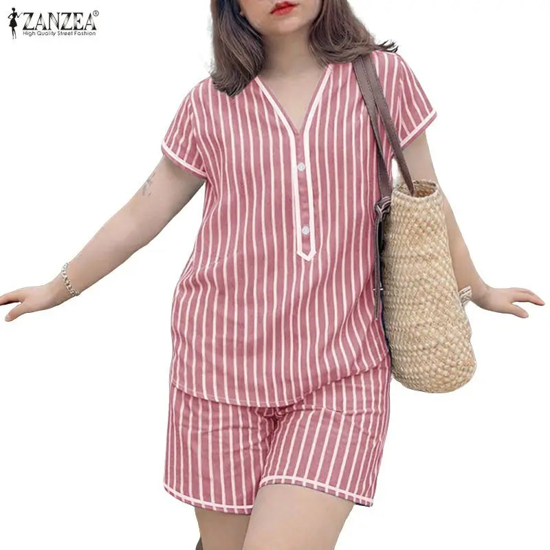 ZANZEA Women Casual Striped Short Suits Short Sleeve V-Neck Blouse & Elastic Waist Shorts 2 Pieces Sets Summer Loose Outfits