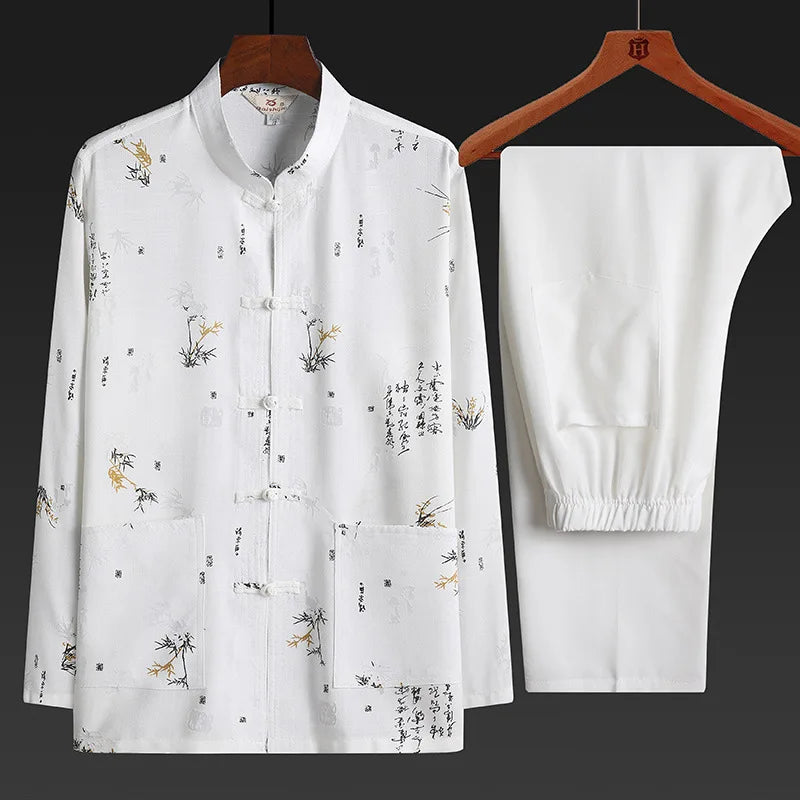 Men's Red Two-piece Summer Set: A Short Jacquard Shirt in Chinese Style Paired with Elastic-waist Pants. White, Gray, Beige-Blue
