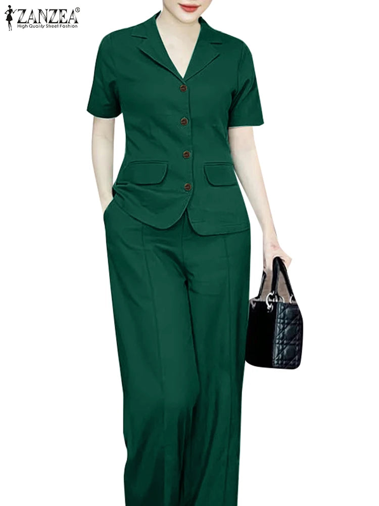 Summer Fashion OL Pant Sets ZANZEA 2PCS Women Outfits Short Sleeve Tops Wide Leg Trousers Suits Elegant Work Tracksuits Oversize