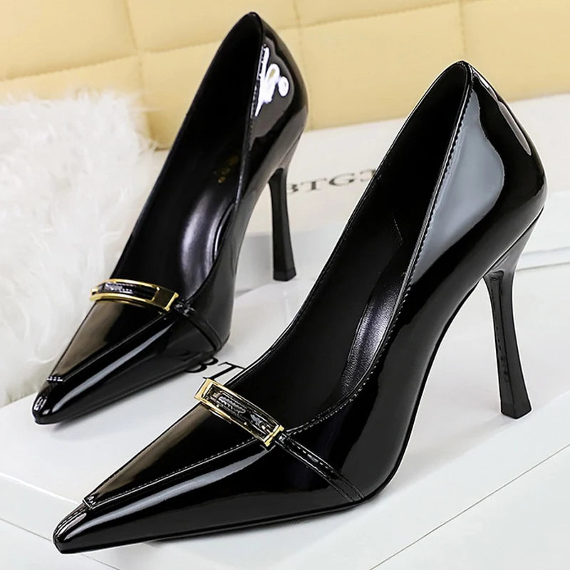 BIGTREE Shoes New Metal Buckle Women Pumps Pointed High Heels Patent Leather Women Heels Shoes Stiletto 9.5 cm Sexy Party Shoes