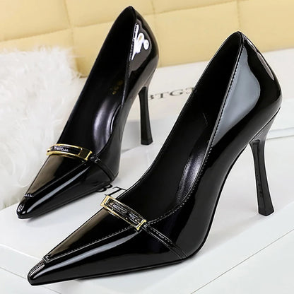 BIGTREE Shoes New Metal Buckle Women Pumps Pointed High Heels Patent Leather Women Heels Shoes Stiletto 9.5 cm Sexy Party Shoes