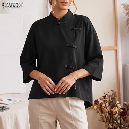 ZANZEA Plus Size 5XL Woman Vintage Shirts Mandarin Collar Frog Buttons High-Low Blouse Chinese Style Casual Solid Daily Wear Top