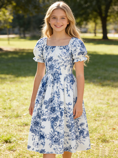 Girls' bubble short-sleeved dress, elegant and fashionable floral dress for summer outdoor leisure activities and parties