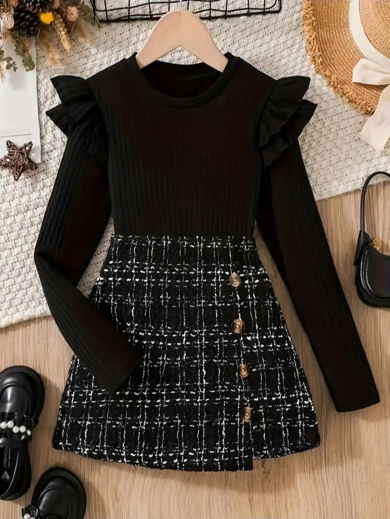 Two piece set: Unique ruffle edge length sleeve top+twill knit skirt, popular style, suitable for daily travel