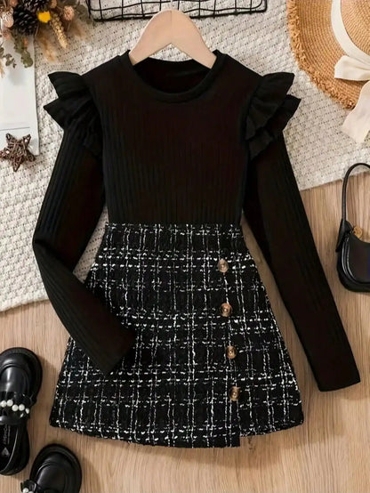 Two piece set: Unique ruffle edge length sleeve top+twill knit skirt, popular style, suitable for daily travel