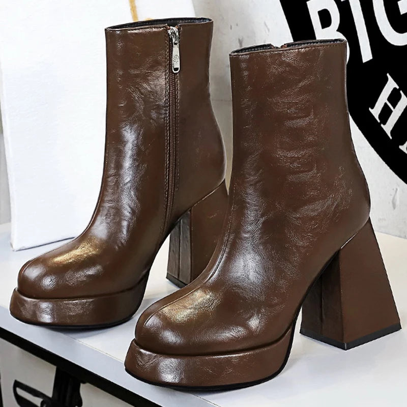 Platform Boots Women Shoes Side Zipper Leather Boots Thick Heel Ladies Ankle Boots Fashion High Heel Boots Autumn Winter Shoes