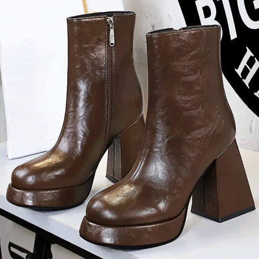 Platform Boots Women Shoes Side Zipper Leather Boots Thick Heel Ladies Ankle Boots Fashion High Heel Boots Autumn Winter Shoes