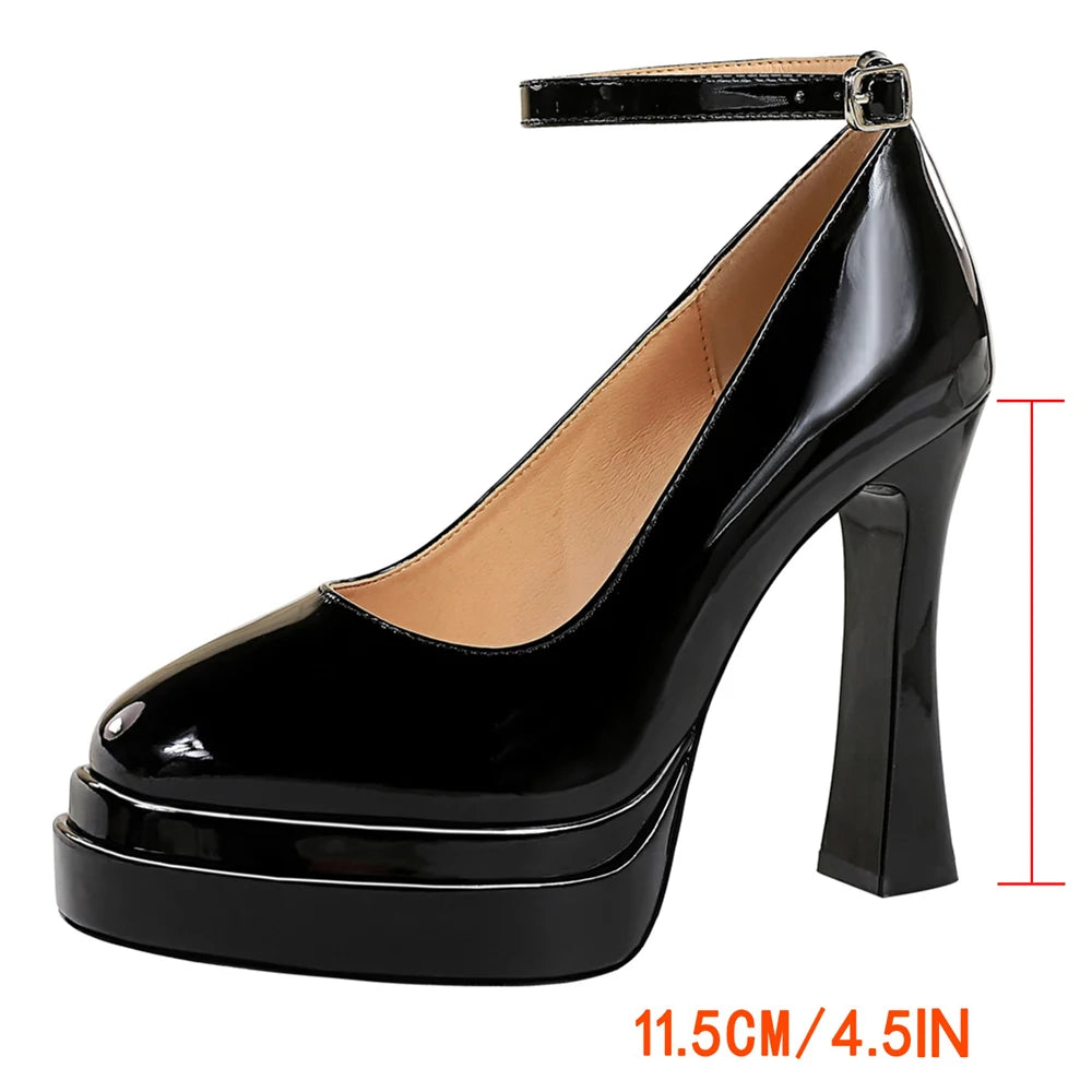 2026 New Double Layer Platform Heels Women Shoes Patent Leather Women Pumps Chunky Heel 11.5 cm Ladies Shoes Sexy Party Shoes