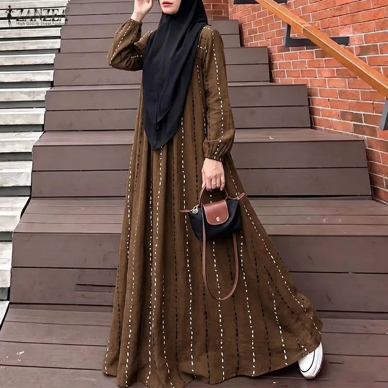 ZANZEA Fashion Muslim Abaya Robe Women Maxi Long Dress Dubai Hijab Sundress Casual O Neck Long Sleeve Loose Ramadan Dress Kaftan