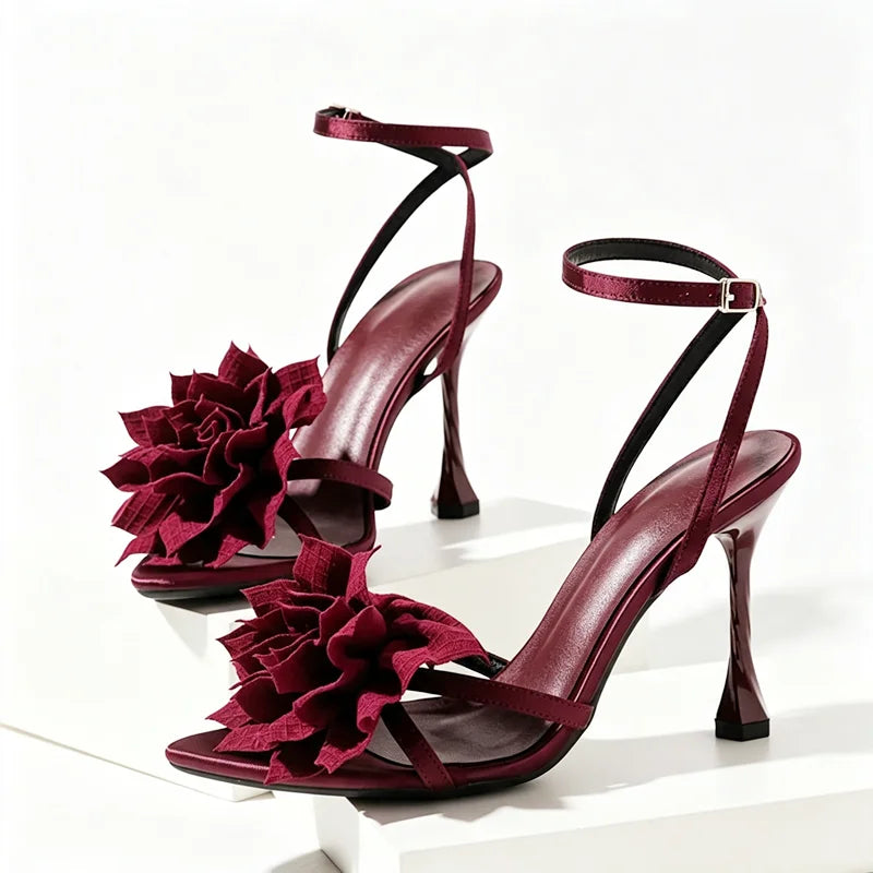 Cute Flower Detail Heeled Sandals Women Sexy Open Toe Ankle Strap Buckle High Heels for Ladies 2026 Summer Elegant Women Shoes