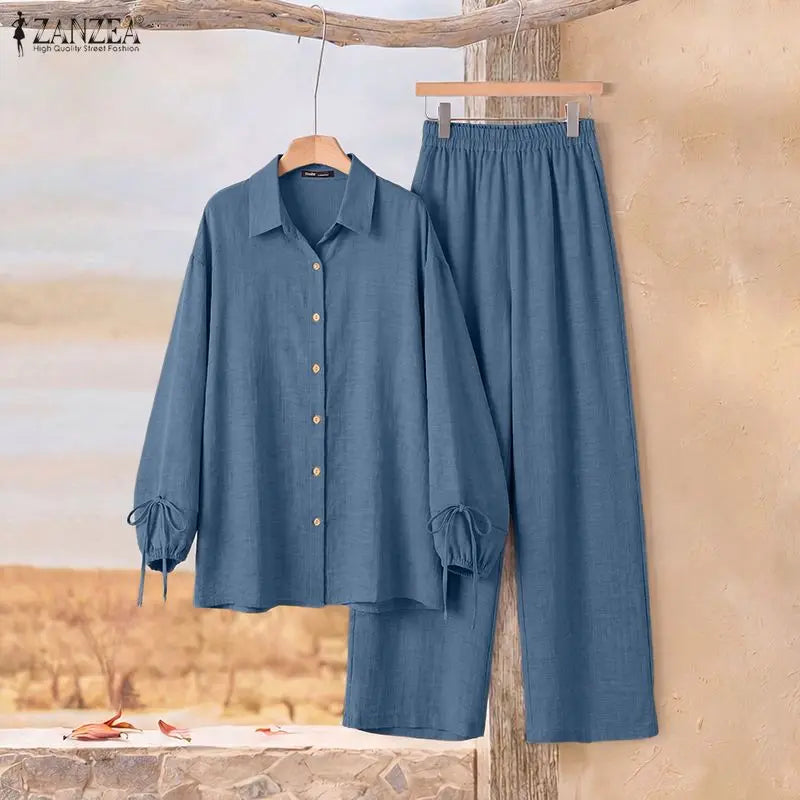 ZANZEA Women Twill Pant Sets Loose Lantern Sleeve Shirt & Elastic Waist Pant 2 Piece Sets 2026 Autumn Casual Daily Wear Co-ords