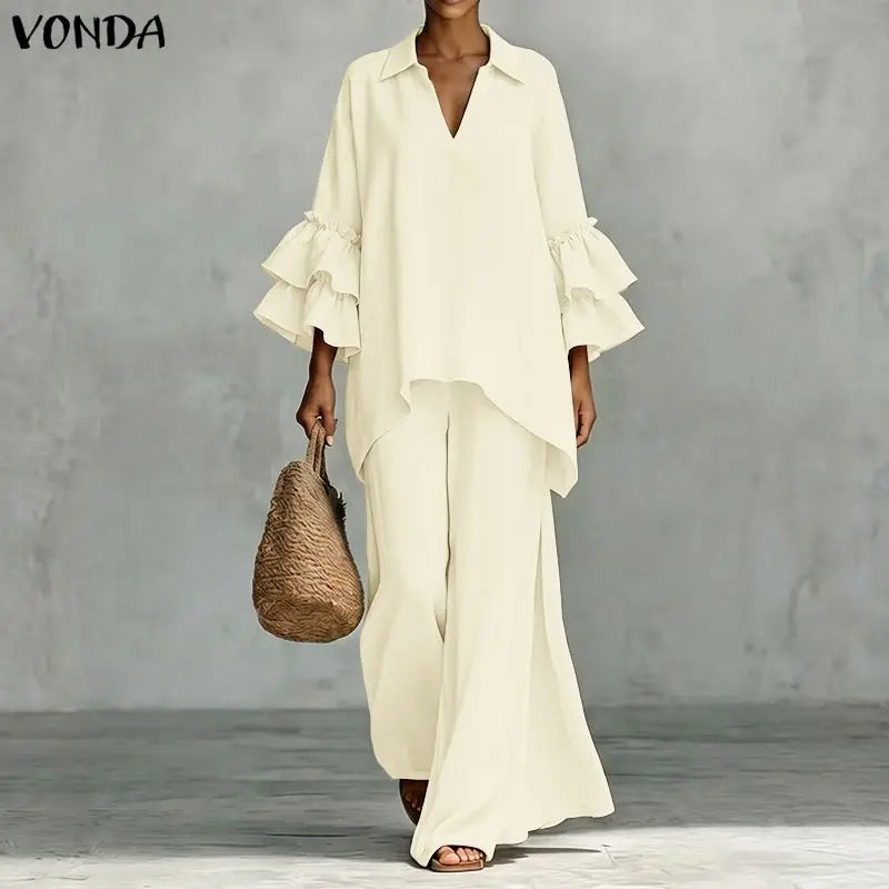 Plus Size Outfits Women Two Piece VONDA Ruffle Sleeve Asymmetrical Hem Tops Wide Leg Pants Sets Elegant V Neck 3/4 Sleeve Suits