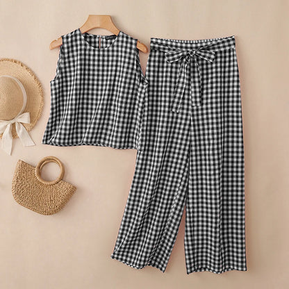 ZANZEA Women Summer Gingham 2 Piece Pant Sets Casual O-Neck Tank Top & Belted Pant Suits Everyday Wear Commute 2pcs Sets Outfits