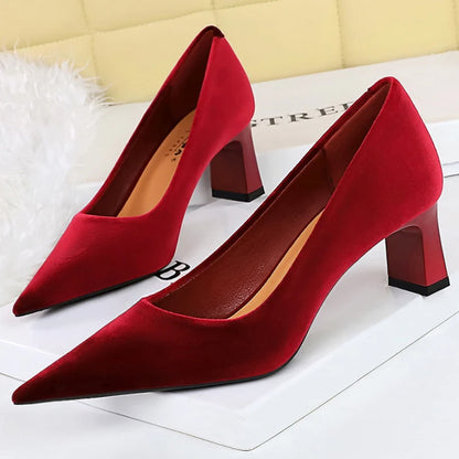 BIGTREE Shoes Suede Women Pumps Thick Heel Ladies Shoes Pointed High Heels Fashion Banquet Shoes Sexy Party Shoes Kitten Heels