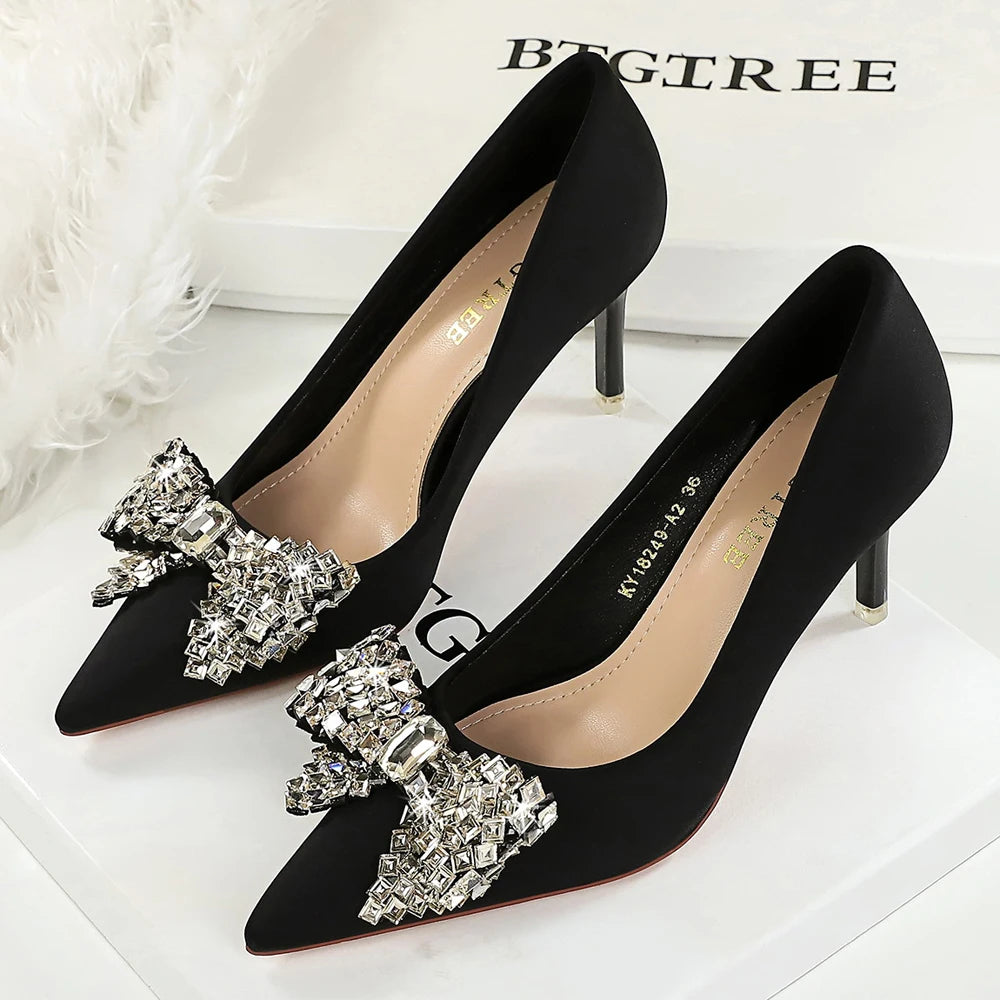 Women 7.5 cm 10.5 cm Heels Rhinestone Bow Women Pumps Silks Satins High Heels Stiletto Luxury Banquet Shoes Large Size 42 43