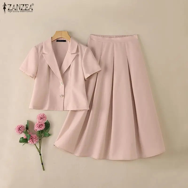 ZANZEA Summer Office 2 Piece Sets Women Outfits 2026 Elegant Lapel Neck Short Sleeve Shirt Dress Suit Stylish OL Work Skirt Sets