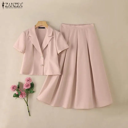 ZANZEA Summer Office 2 Piece Sets Women Outfits 2026 Elegant Lapel Neck Short Sleeve Shirt Dress Suit Stylish OL Work Skirt Sets