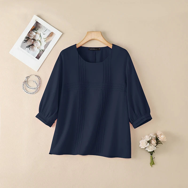 ZANZEA Woman Casual Minimalist Blouses Summer Pintuck Detailing O-Neck 3/4 Puff Sleeve Solid Color Tops Everyday Blusas de Mujer