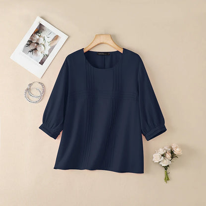 ZANZEA Woman Casual Minimalist Blouses Summer Pintuck Detailing O-Neck 3/4 Puff Sleeve Solid Color Tops Everyday Blusas de Mujer
