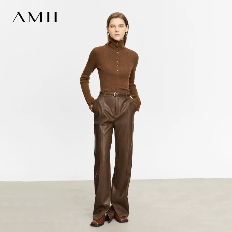 AMII Minimalist PU Leather Casual Pants for Women 2025 Autumn New Loose Floor Length Straight Slit Female Trousers 12343250
