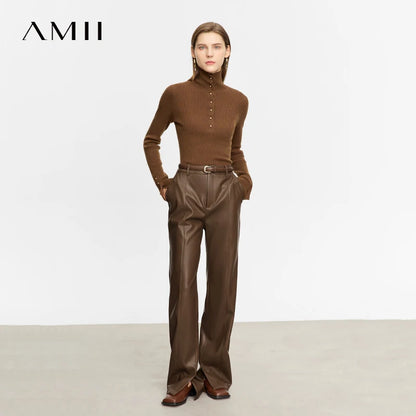 AMII Minimalist PU Leather Casual Pants for Women 2025 Autumn New Loose Floor Length Straight Slit Female Trousers 12343250