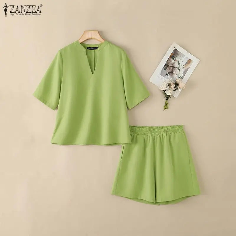 ZANZEA Fashion Women 2 Pieces Sets 2PCS V Neck Short Sleeve Blouse Short Sets Casual Solid Color OL Work Outfit Summer Tracksuit