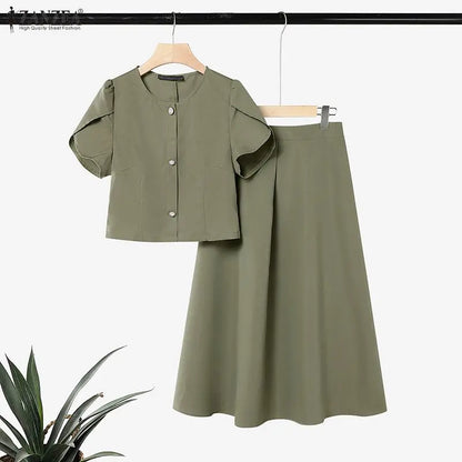 ZANZEA Women Elegant 2pcs Matching Skirt Sets O-Neck Petal Sleeves Tops & A-Line Midi Skirts 2 Piece Sets ZANZEA Dates Outfits