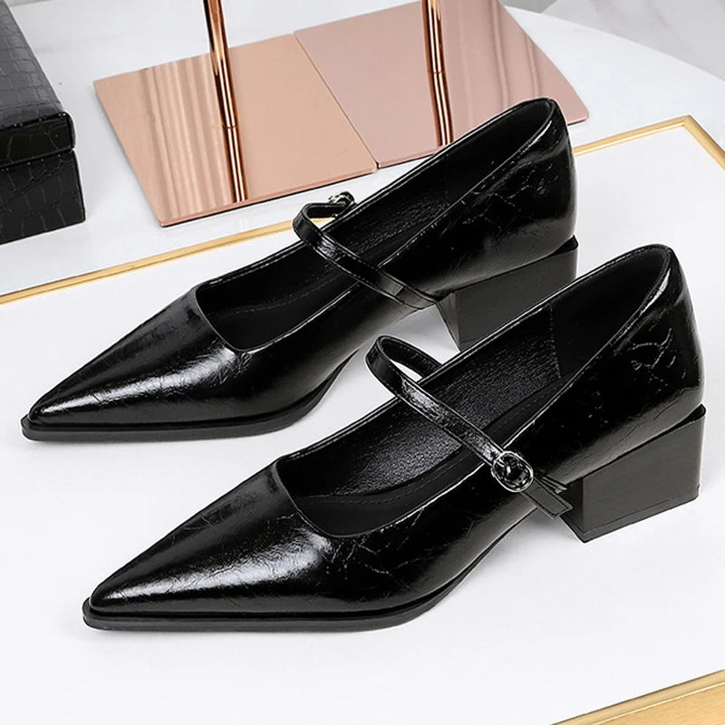 Quality PU Leather Shoes Women Pumps Pointed Tip Mid Heel Women Shoes Chunky Heel Ladies Shoes Buckle Career OL Office Shoes