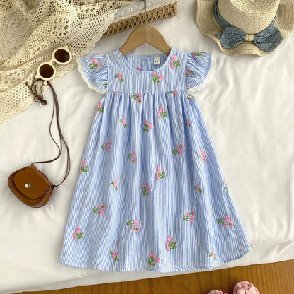 Girl Casual Dress New Fashion Flower Embroidered Striped Flying Sleeve Dress Girls Sweete Vestidos Kids Clothes