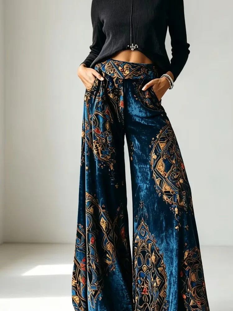 New women's velvet wide-leg pants - high-waisted, thick, soft and elastic, providing good warmth. Blue-green retro oriental geometric print, Bohemian style pocket design. Luxurious pants, suitable for festival parties, office