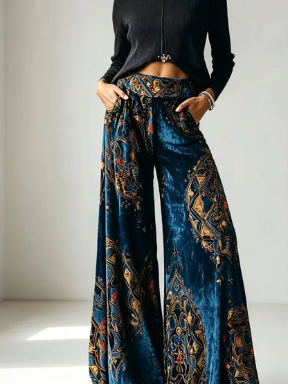 New women's velvet wide-leg pants - high-waisted, thick, soft and elastic, providing good warmth. Blue-green retro oriental geometric print, Bohemian style pocket design. Luxurious pants, suitable for festival parties, office