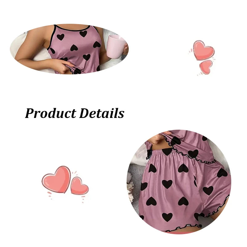 Women's Pajama Set Pajamas T-Shirts Shorts Pink Heart-Shaped Print Round Neck T-Shirt Ice Silk Top Comfortable Casual Summer ﻿