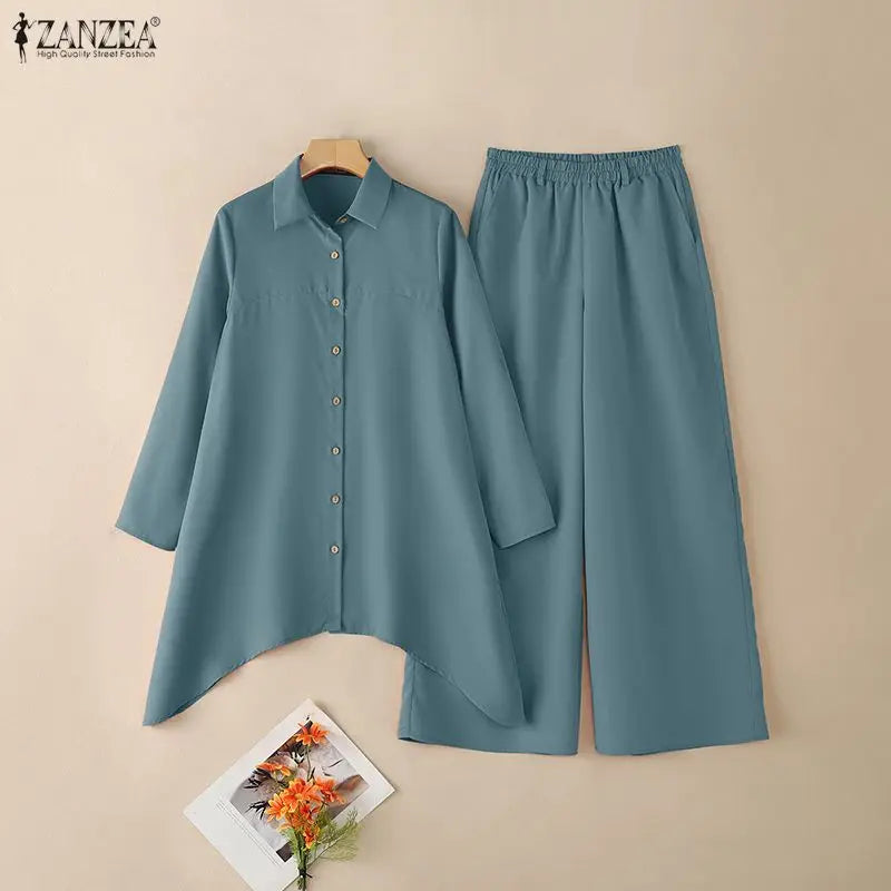 ZANZEA Women's Casual Pant Suits Oversized Long Sleeve Asymmetric Shirt & Wide Leg Pant 2 Pieces Sets Solid Commuting Outfits