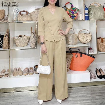 ZANZEA Fashion Women V Neck 3/4 Sleeve Blouse Wide Leg Trousers Two Pieces Pant Sets Casual OL Work Suit Solid Matching Sets