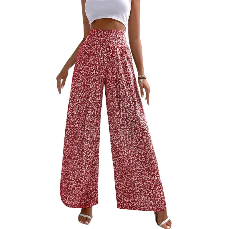 2024 New Red Green Blue Black Floral High-Waisted Bell-Bottoms Pants Loose and Comfortable Slim Ladies Design Feeling Pants