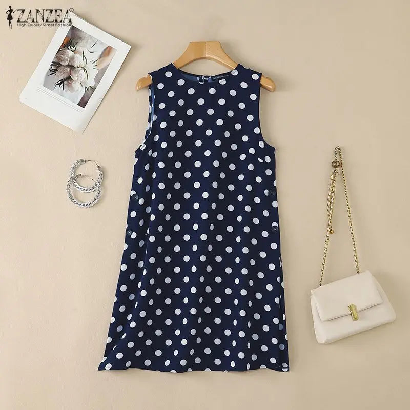 ZANZEA Women Summer Fashion Long Tank Tops Polka Dots O-Neck Sleeveless Side Slit Knee-Length Tops Casual Everyday Wear Tanks