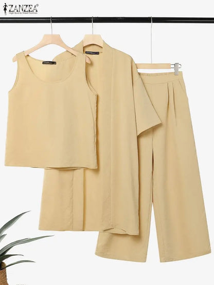 ZANZEA Feamle Cardigan Sleeveless Tanks Tops With Pants Stylish Women 3 Pieces Sets Casual Holiday Outfits Solid Color Tracksuit