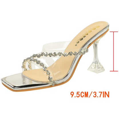 Luxury Women High-Heeled Sandals Summer Rhinestone Design Women Sandals Square Toed Sexy Slippers Transparent Tape Women Pumps