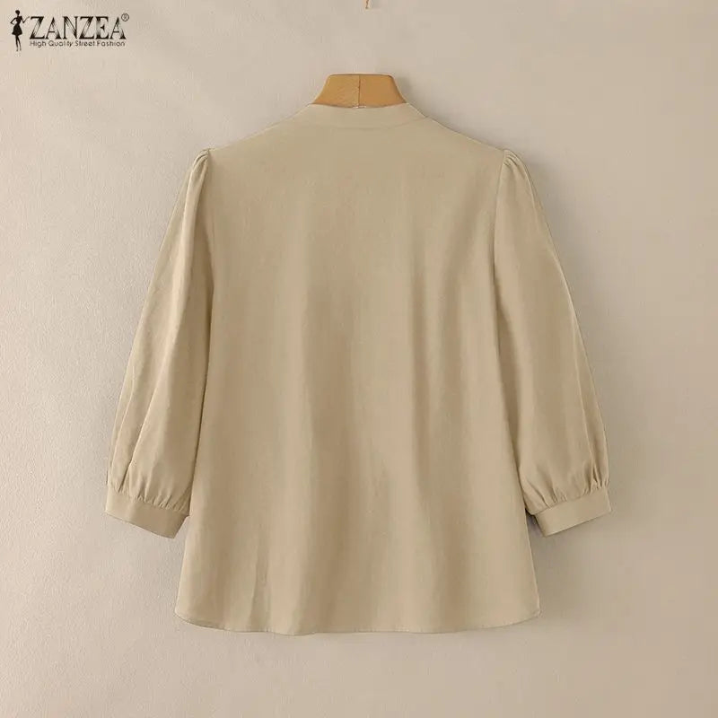 ZANZEA Women's Summer Cotton Shirts Minimalist Stand Collar 3/4 Puff Sleeve Button Up Tops Casual Loose Breathable Chemise Femme