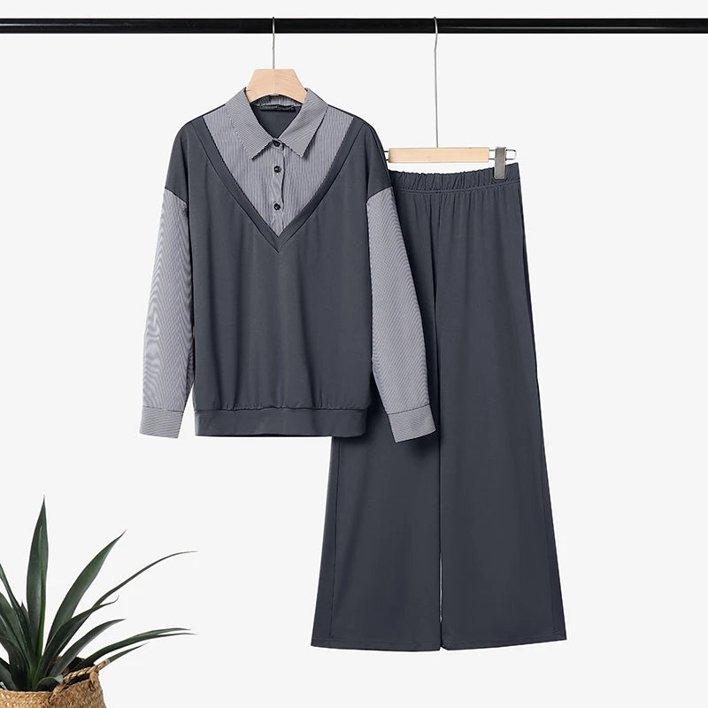 Autumn Outfits ZANZEA Women Casual Long Sleeve Stripe Patchwork Tops Shirt Elastic Waist Trousers Suit Muslim Matching Sets