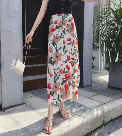 Vacation Style Wrap Skirt Beachside Long Skirt Women's High Waist A-Line Midi Skirt Floral Print One-Piece Summer Spring
