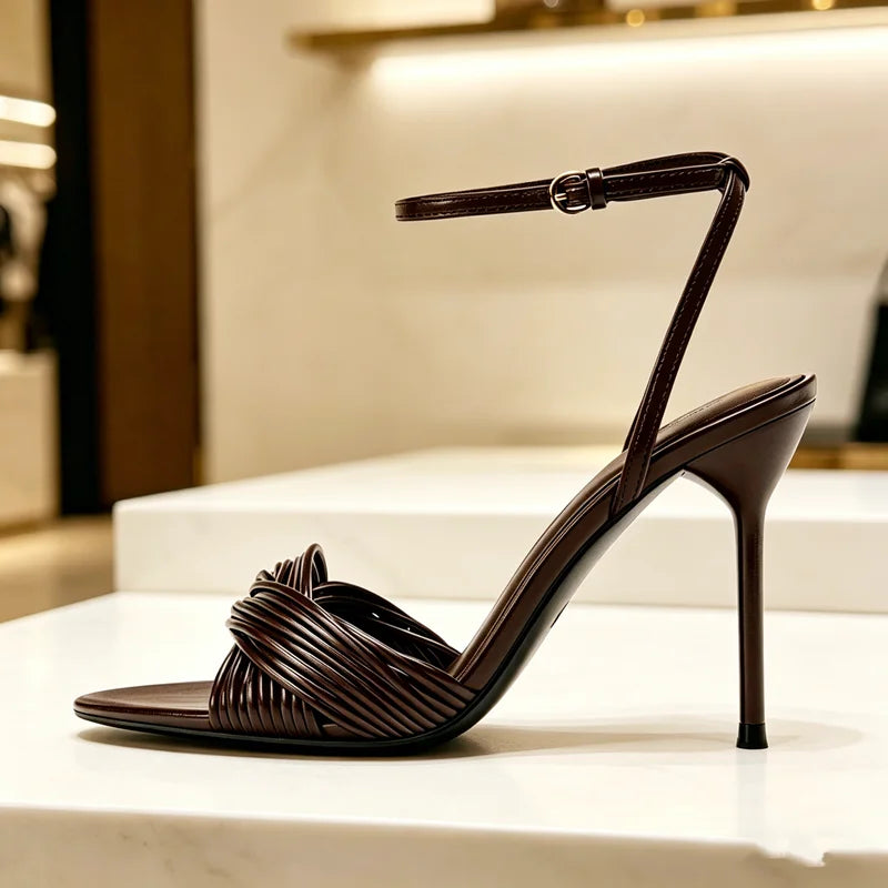 Brown Ankle Strap Metal Buckle Heeled Sandals Women Cross Front Strap Design High Heels for Ladies Summer Elegant Women Shoes