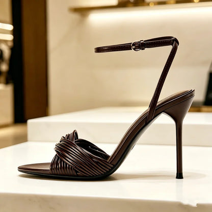 Brown Ankle Strap Metal Buckle Heeled Sandals Women Cross Front Strap Design High Heels for Ladies Summer Elegant Women Shoes