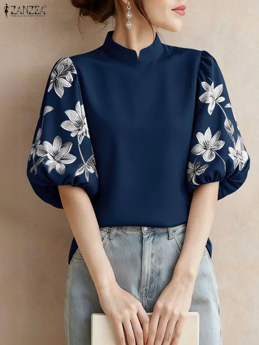 ZANZEA Elegant Women Blouses Fashion Stand Collar Floral Printed Half Lantern Sleeve Casual Tops Spring 2025 Woman Clothes S-3XL