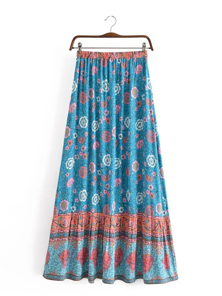 Vintage Chic Hippie Women Floral Print  Lace-up Tassel Beach Bohemian Skirt Lady Elastic Waist A-Line Vacation Boho Maxi Skirts