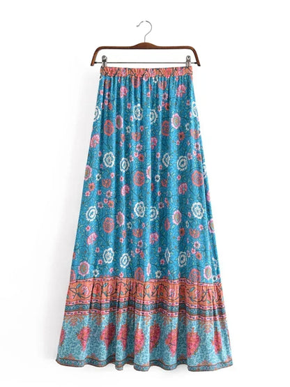Vintage Chic Hippie Women Floral Print  Lace-up Tassel Beach Bohemian Skirt Lady Elastic Waist A-Line Vacation Boho Maxi Skirts