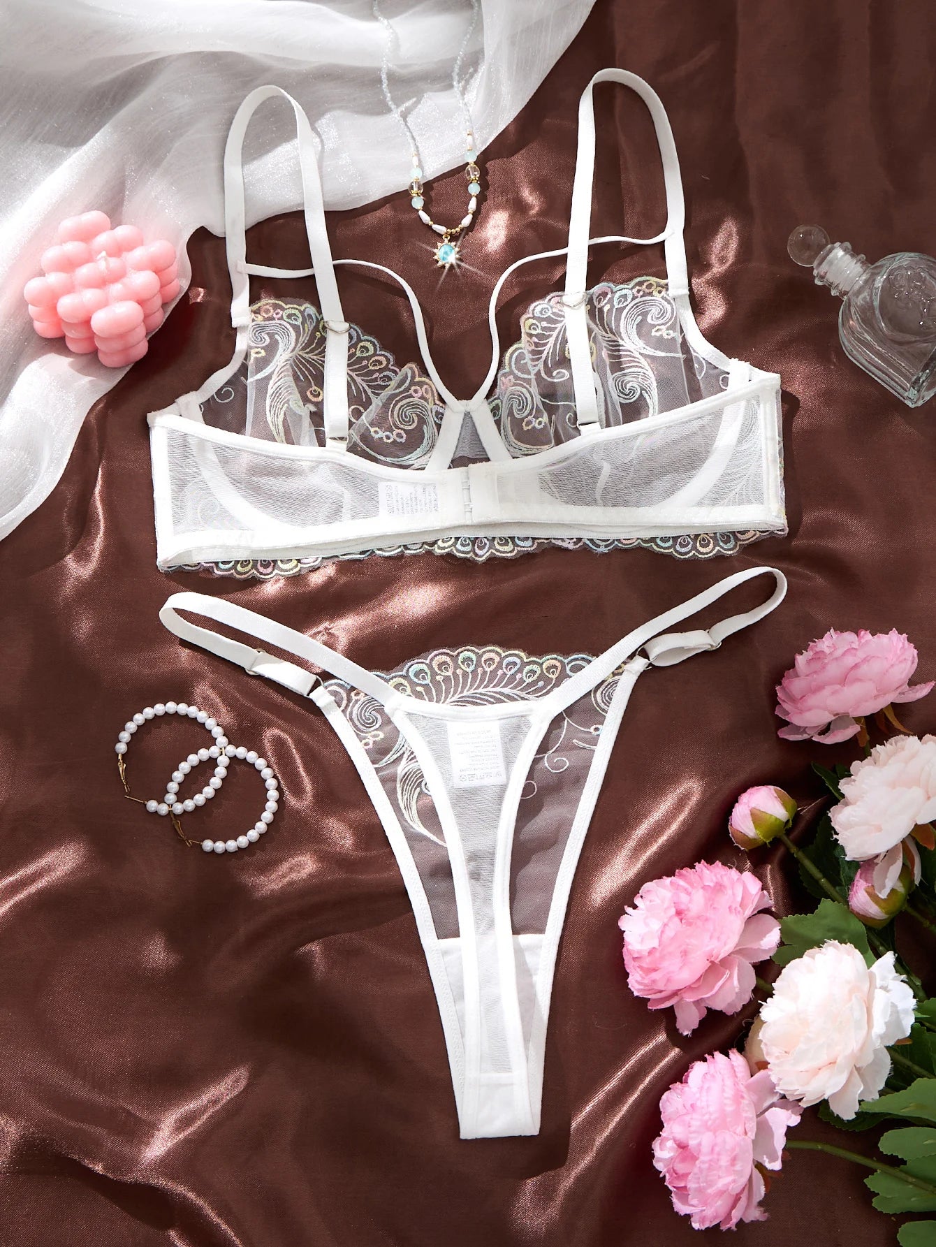 White Iridescent Peacock Feather Embroidered Lace Bra and Panty Set Women Sexy Sheer Mesh Underwear Two Piece